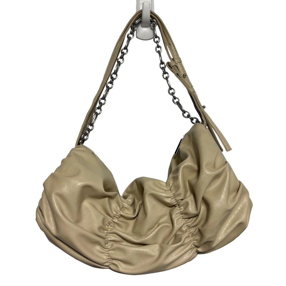 ZARA Ruched Shoulder Bag Cream Beige Vegan Leather Hobo Chain Strap NWOT